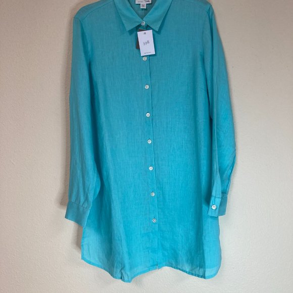 J Jill Women's Linen Button Front Tunic Size XS Petite, "Caribbean" Turquoise - Picture 2 of 8